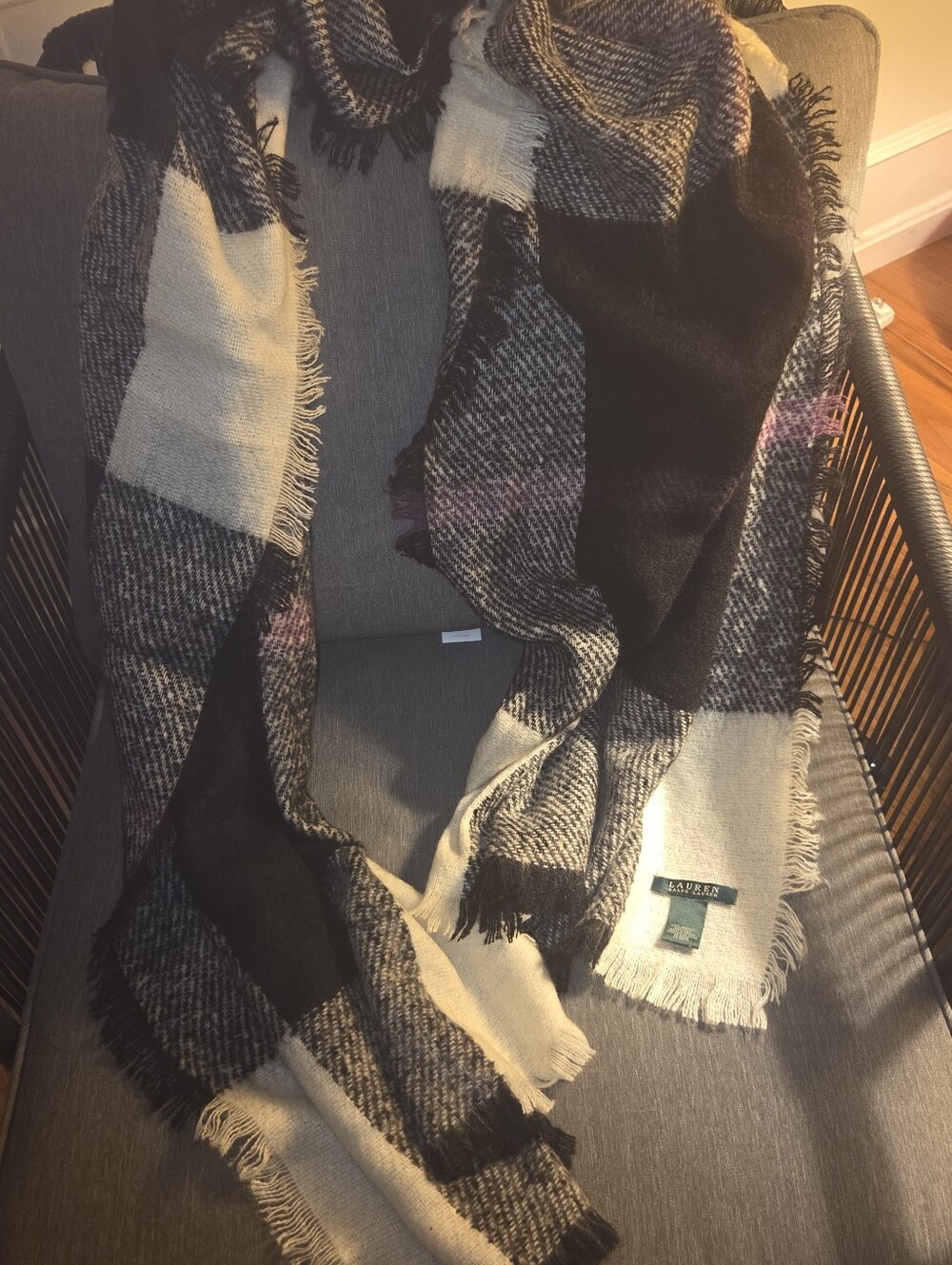 Ralph Lauren Black & Cream Checked Fringe Blanket Scarf. 96"x 25"